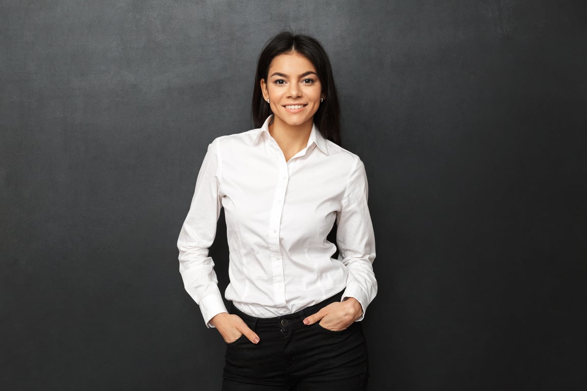 Image of Businesslike Woman Wearing Formal Outfit Smiling at Cam